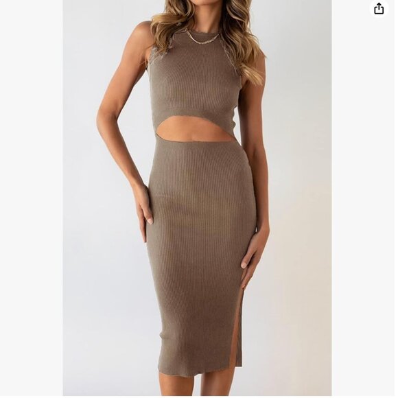 PRETTYGARDEN Women Summer Midi Bodycon Dresses Casual Crew Neck Side Slit Camel - Picture 2 of 10